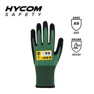 HYCOM 18G ANSI 9 Schnittfester Handschuh mit HT Sandy Nitril-Beschichtung, Verstärkung an den Daumen-PSA-Handschuhen