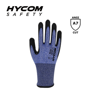 HYCOM 18G ANSI 7 Schnittfester Handschuh, beschichtet mit sandigen Nitril-Daumenverstärkungs-PSA-Handschuhen für die Arbeit