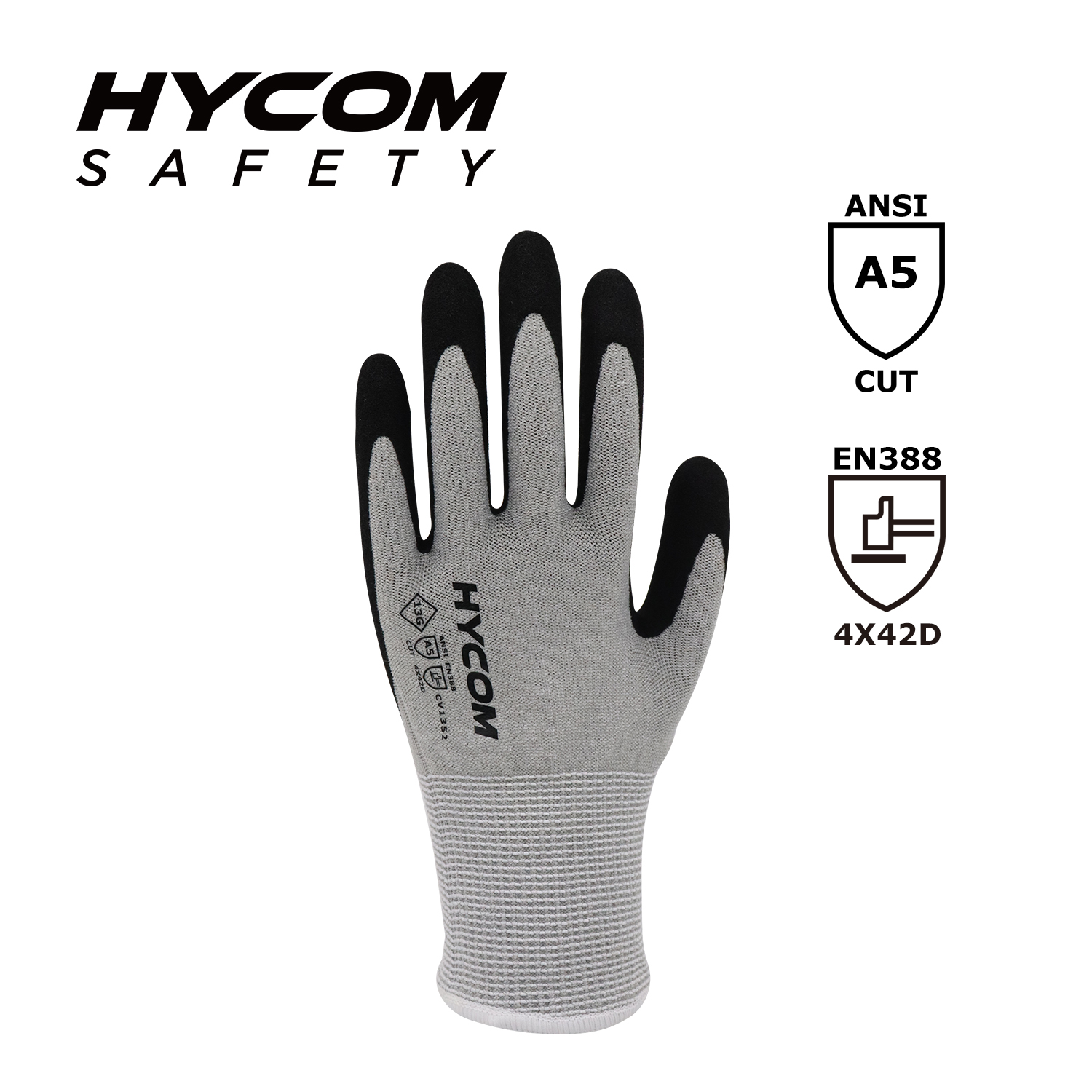 HYCOM 13G ANSI 5 Schnittfester Handschuh mit Sandy-Nitril-beschichteter Handfläche, HPPE-Handschuh für Sicherheitsarbeiten