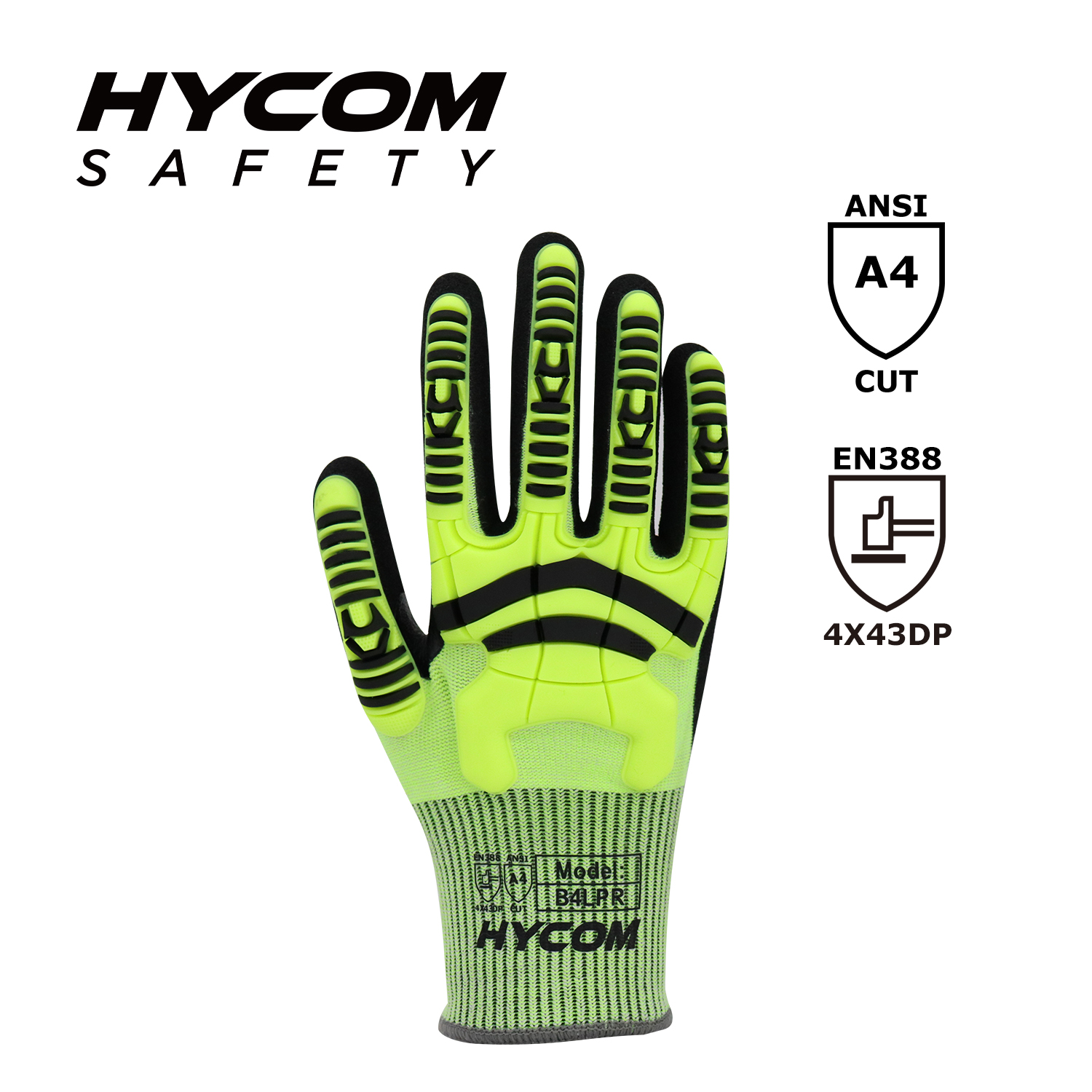 HYCOM Atmungsaktiver, schnittfester ANSI 4-Handschuh aus 13 GG mit Sandy-Nitrilbeschichtung auf der Handfläche, Finger- und Knöchelschutz aus TPR